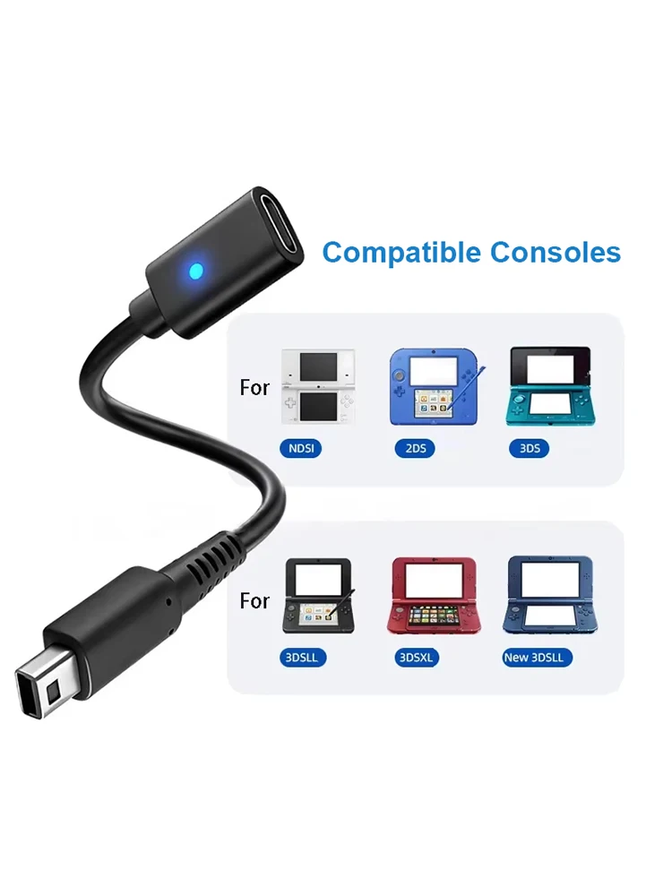 10CM Schwarzer USB-C Ladeadapter mit LED-Anzeige (Nicht-PD) für Nintendo DSI, 3DS Spielkonsole