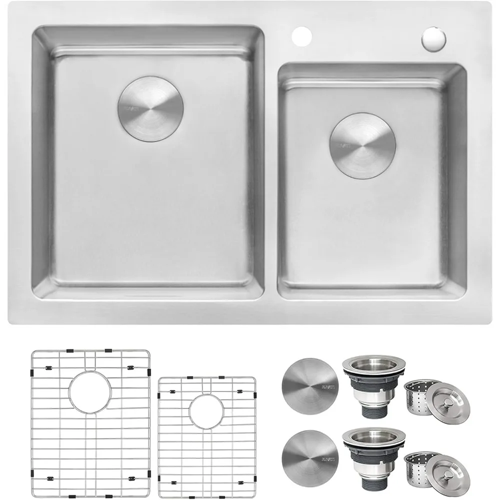 33 x 22 inch Drop-in Topmount Kitchen Sink 16 Gauge Stainless Steel 60/40 Double Bowl