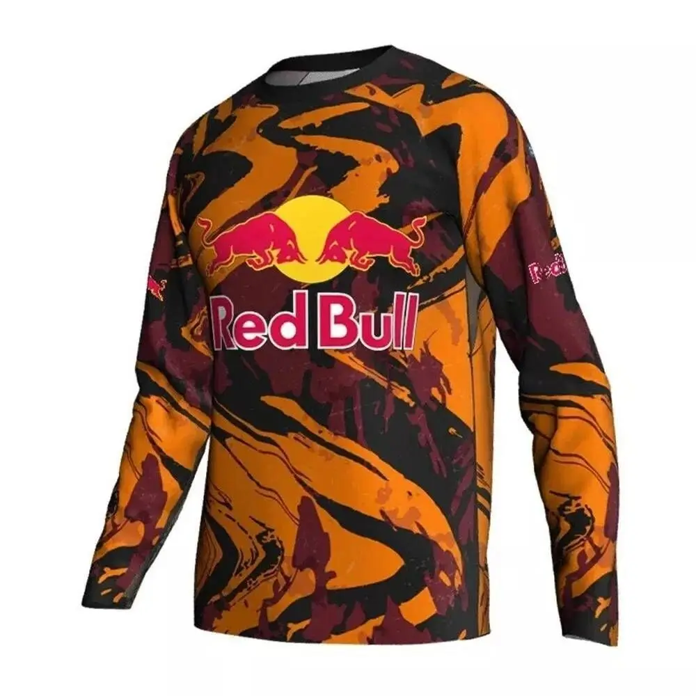 Red Bull Racing Men Long Sleeve Motocross Jersey, Orange Maroon Camo Print Quick Dry Off Road Motorcycle Riding Shirt