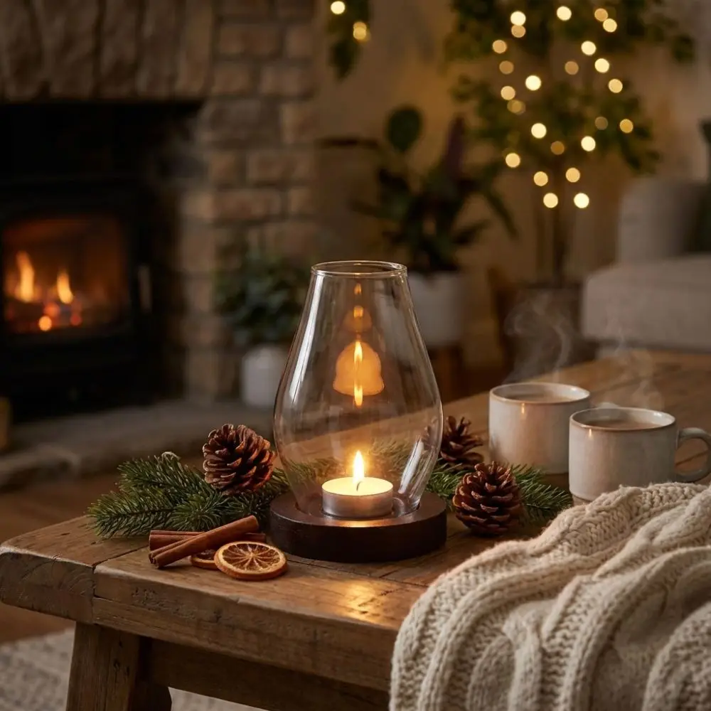 Windproof Glass Candle Holder Solid Wood Base Transparent Tealight Cup Heat-resistant Vintage Style Incense Burner