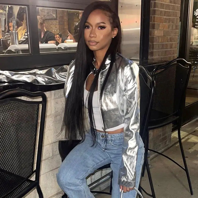 

Women's Metallic Stand up Collar Zipper Jaet Long Sve PU Leather Jaet Faionable Ele Sle for Women