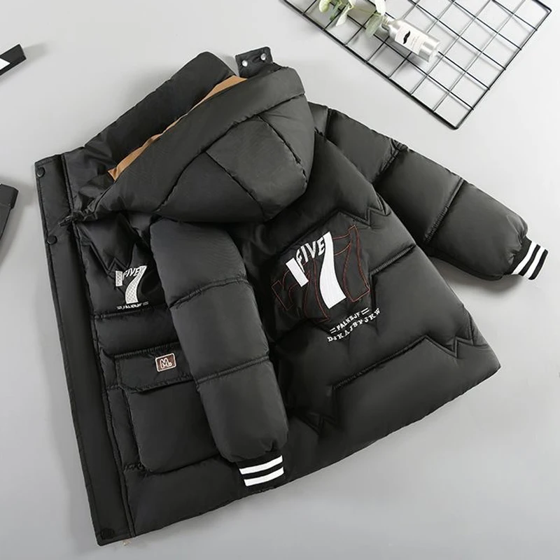 

-30 ℃ Зимняя куртка для мальчиков-подростков с принтом буквы 7, бархатная толстая теплая парка с капюшоном на молнии, пальто для детей от 6 до 14 лет, хлопковая верхняя одежда