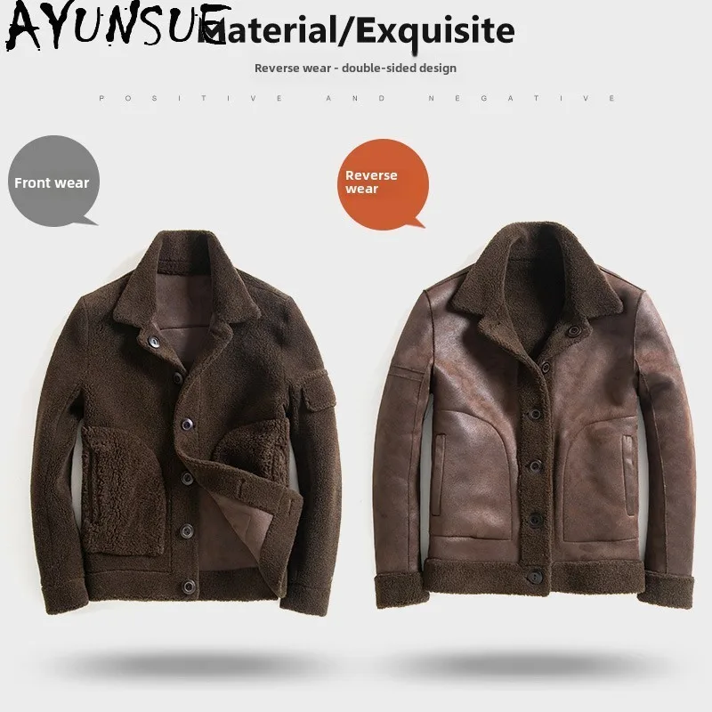 AYUNSUE Genuine Leather Jackets Sheepskin Men's Leather Jacket Winter Reversible Shearling Leather Jacket Кожаная Куртка Мужская