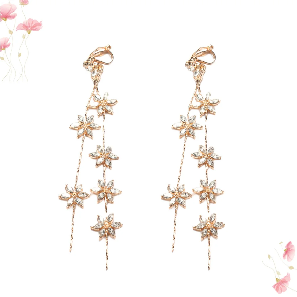 1 Pasang Anting Gantung Berlian Imitasi Bunga Tanpa Tindik Klip Telinga Pesta Pernikahan Perhiasan Elegan untuk Wanita Hadiah Pengantin