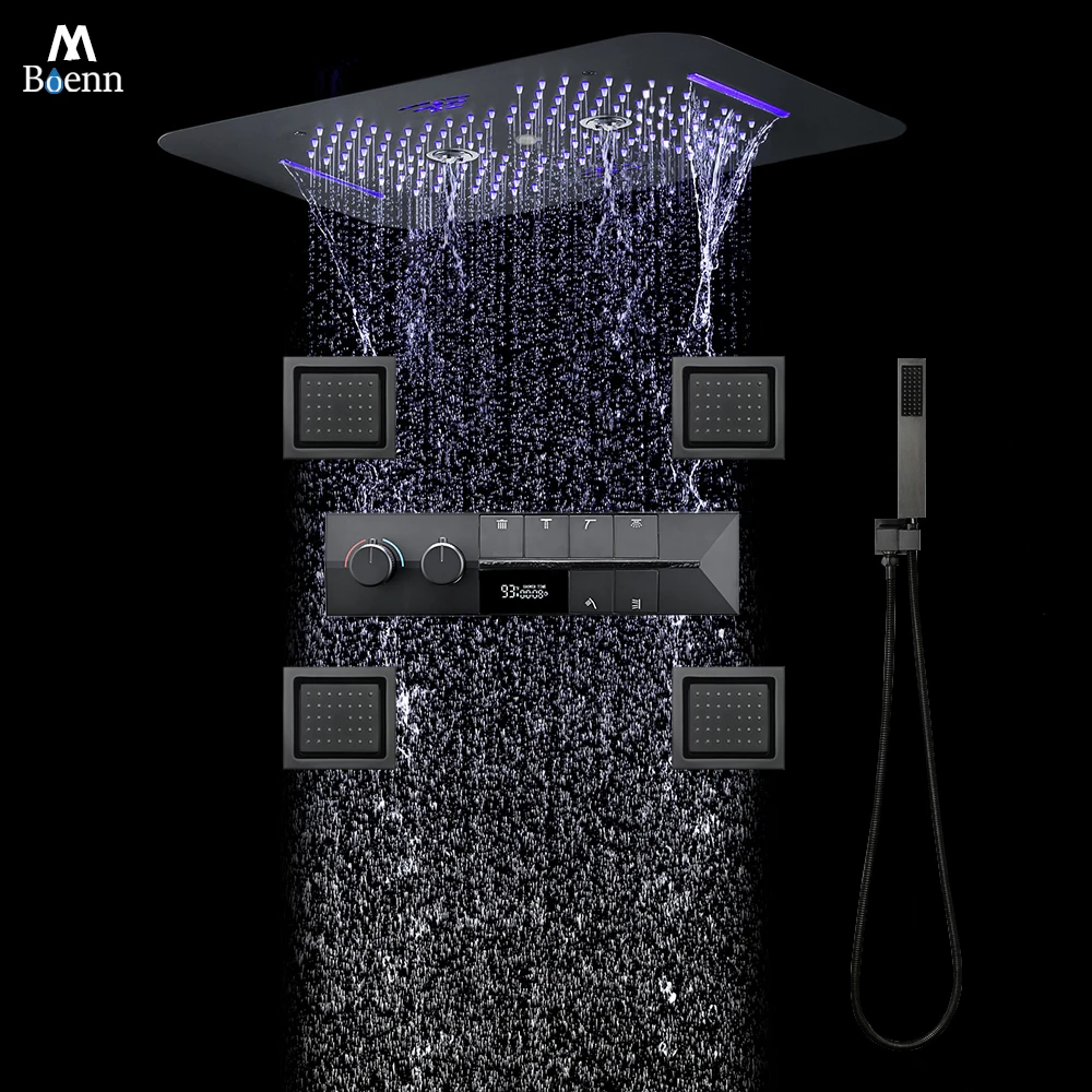 

M Boenn 22.8x14.9 Inch 4 Functions LED Shower Head Rainfall Bathroom 6 Functions Private Space Shower Set Thermostatic Diverter
