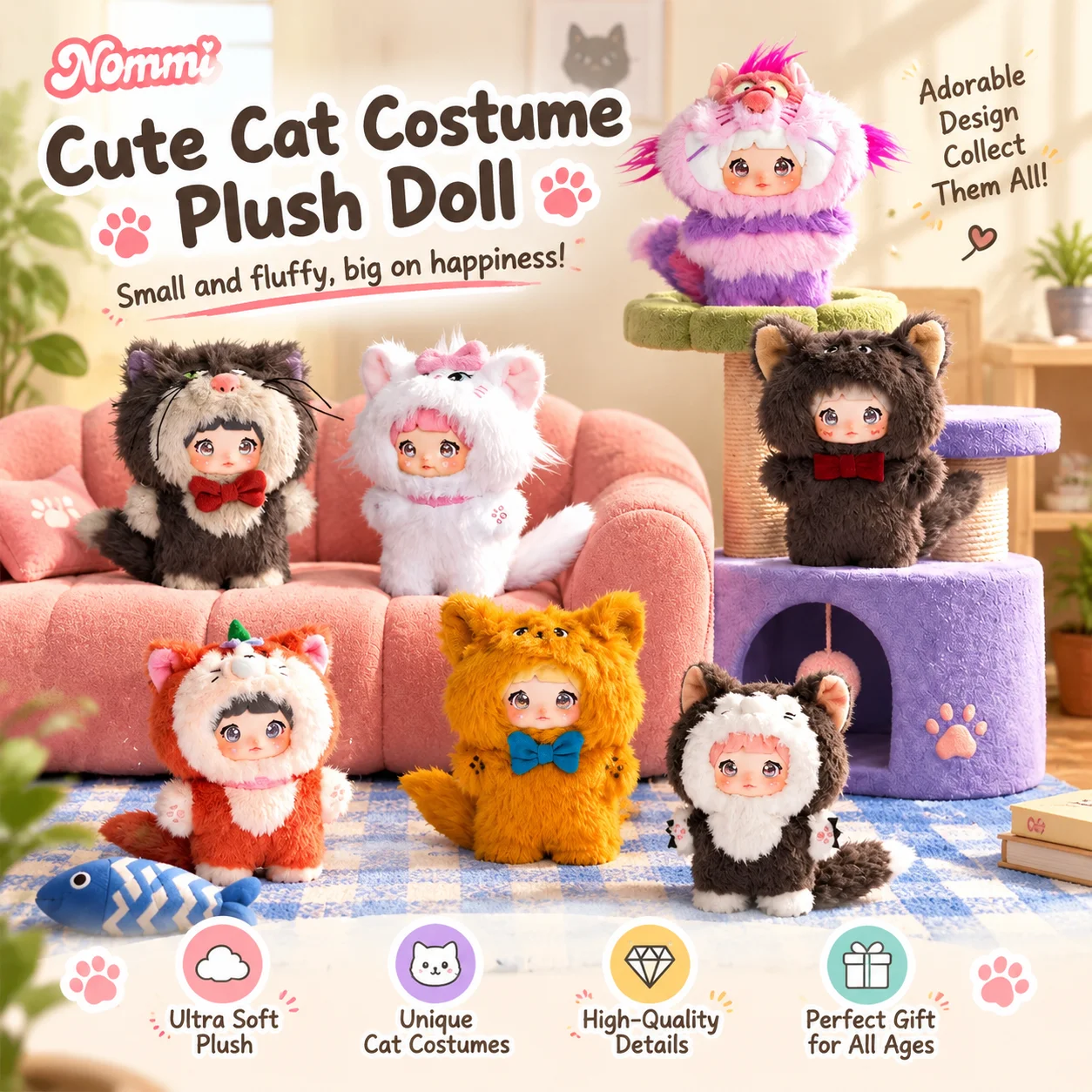 New Nommi Plush Blind Box Series Cute Cat Stuffed Doll Hanging Ornament Soundable Toy For Women Gift