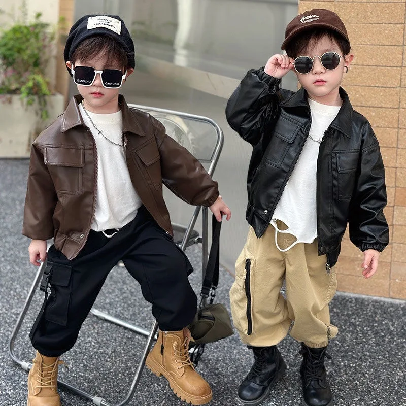 Boys Leather Jacket Trendy Handsome Biker Coat 2026 New Spring Autumn Casual Outerwear Kids Fashion Streetwear Tops 2-10 Years