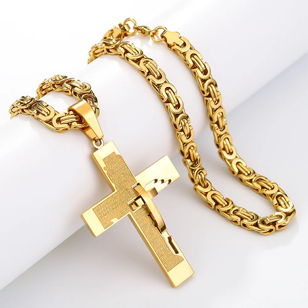 Large Stainless Steel Gold Personalized English Cross Pendant Necklace Byzantine Chain 7mm 22inch
