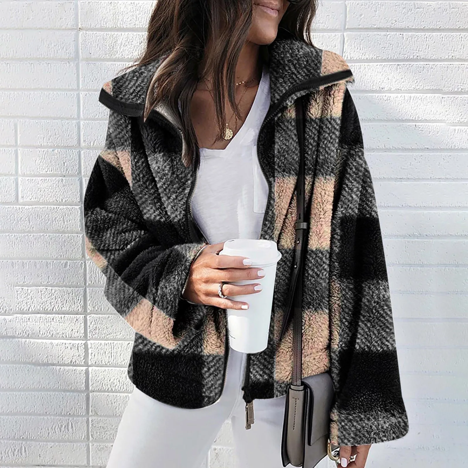 Fleece Checked Jacket For 2024 Autumn Women's Warm Lapel Contrast Color Zippered Plaid Cropped Coats Winter Female Shacket