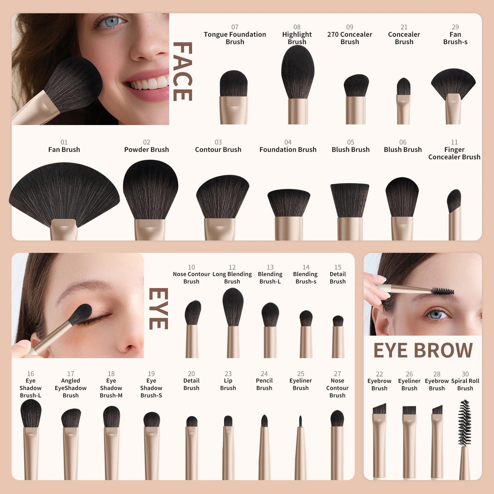 Docolor 30-teiliges Make-up-Pinsel-Set, professionelles Foundation-Rouge, Kontur, Concealer, Gesichts-Make-up-Pinsel, Lidschatten, kosmetisches Werkzeug-Set