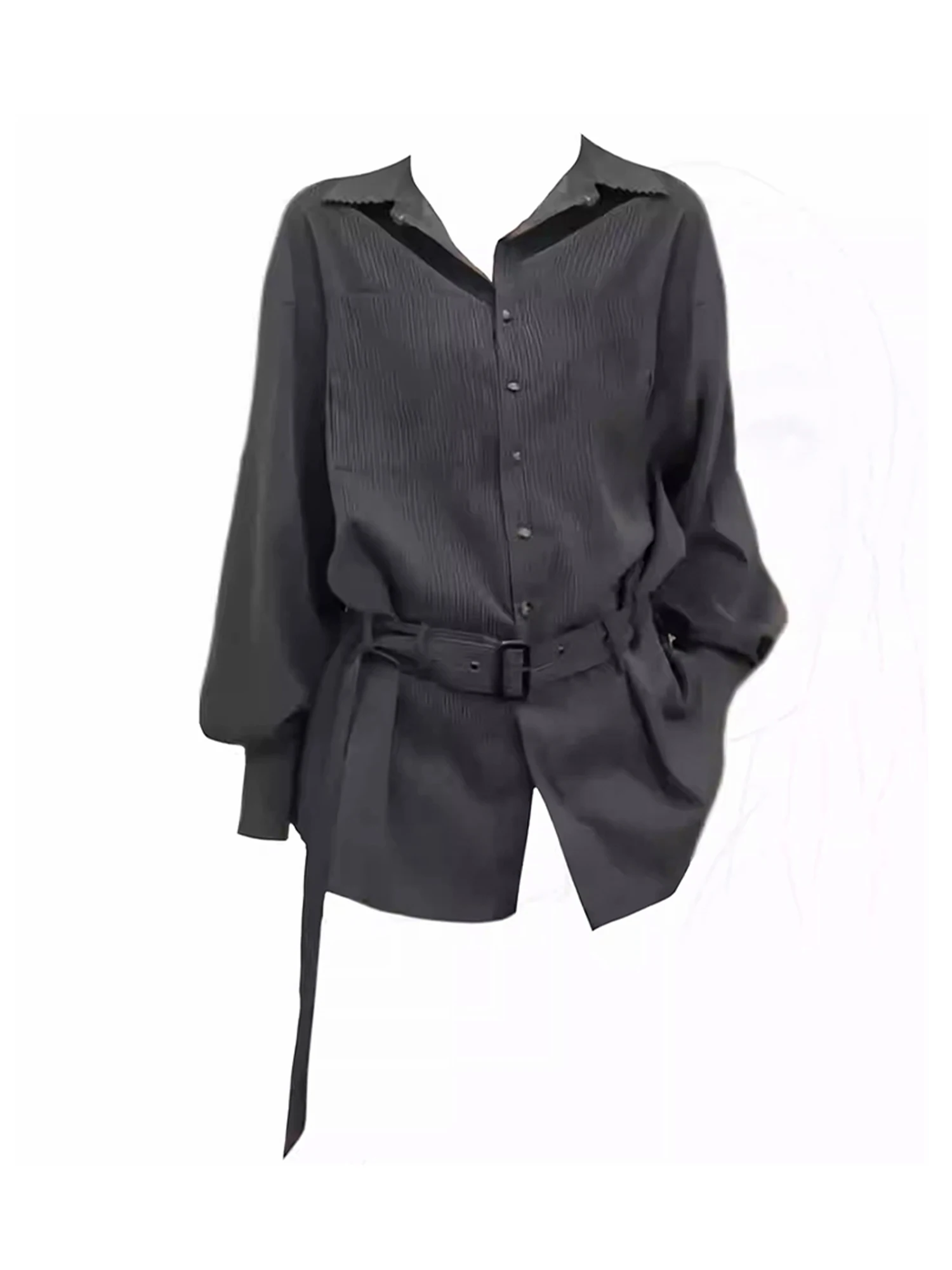 

Women Dark Grey Striped Shirts and Blouses Y2k 2000s Ladies Top Vintage Elegant Long Sleeve Polo-Neck Shirt Clothes Autumn 2025