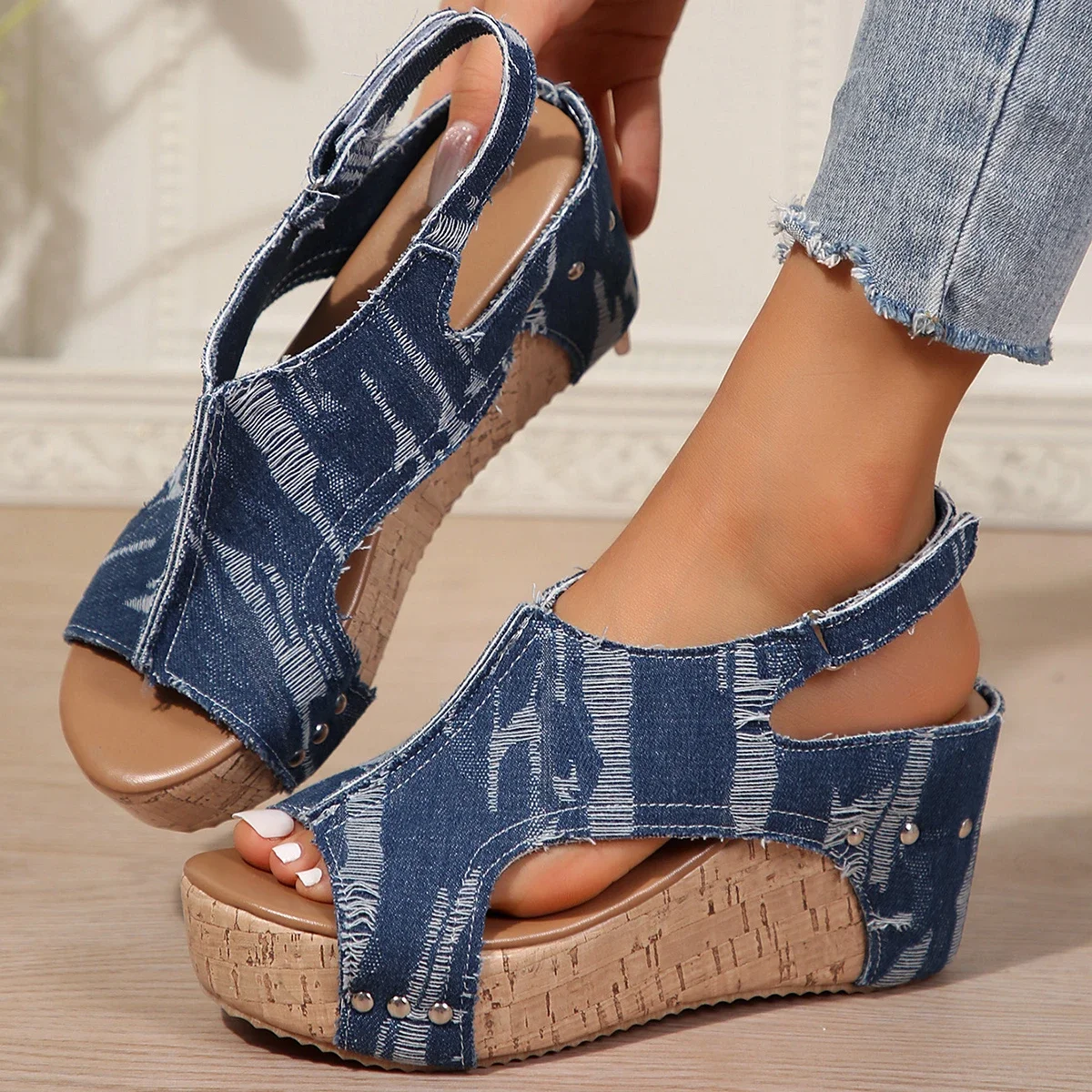 Summer Women\'s Platform Wedges Sandals Retro Peep Toe Denim Women\'s High Heel Sandals Outdoor Casual Platform Shoes for Women