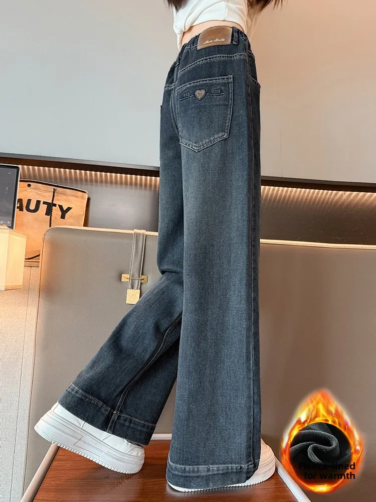 

Thiened Fce Autumn Winter Wide Leg Jeans for Girls School orm Casual Warm Straight Cut l Waist Denim Trousers