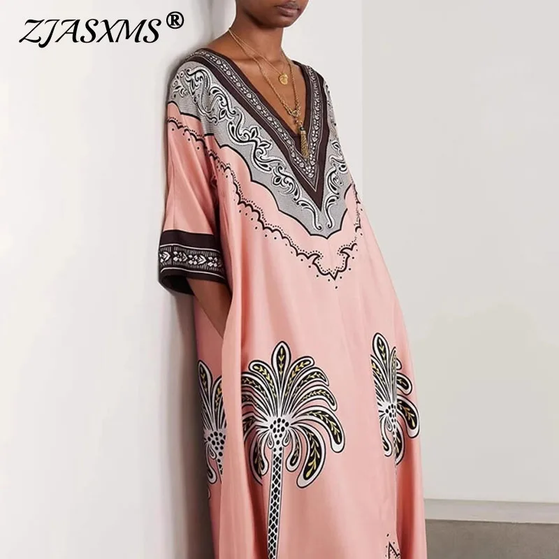 가을 V넥 새틴 휴가 롱 드레스 우아한 루즈 레트로 에스닉 로브 드레스 캐주얼 반팔 보헤미안 비치 드레스