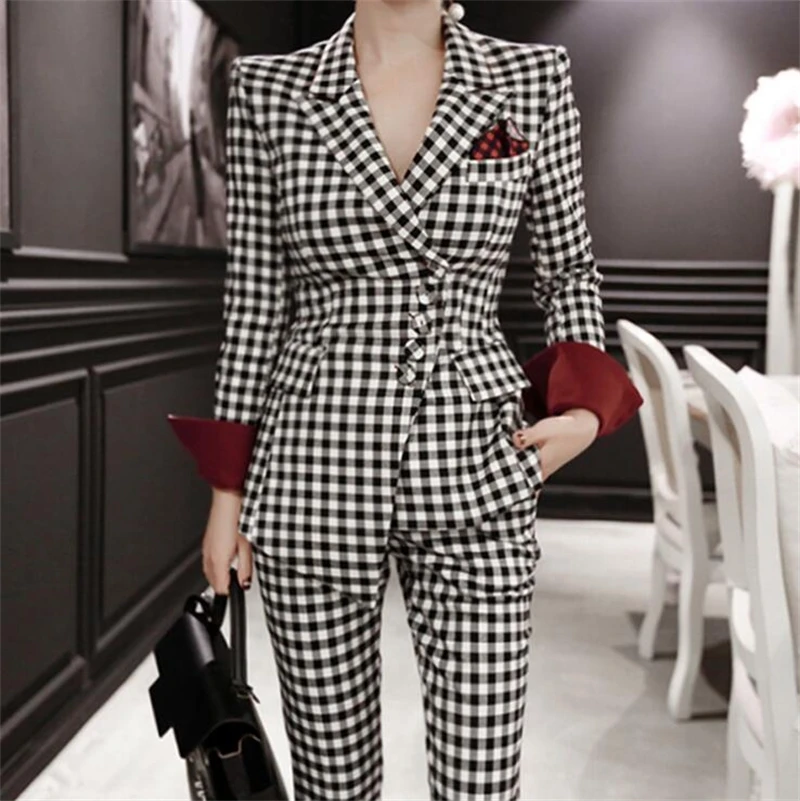 Women Slim Fit Plaid Blazer Suit Set Casual Office Lady Single Button Elegant Blaiser Mujer 2022 New Houndstooth Blazerpants