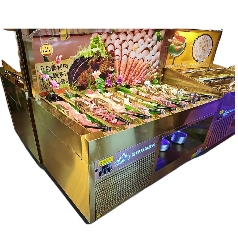 خزانة عرض ذات طبقات ذهبية تدعم الرذاذ - قابلة للتخصيص لعرض مكونات المطاعم الساخنة والشواية