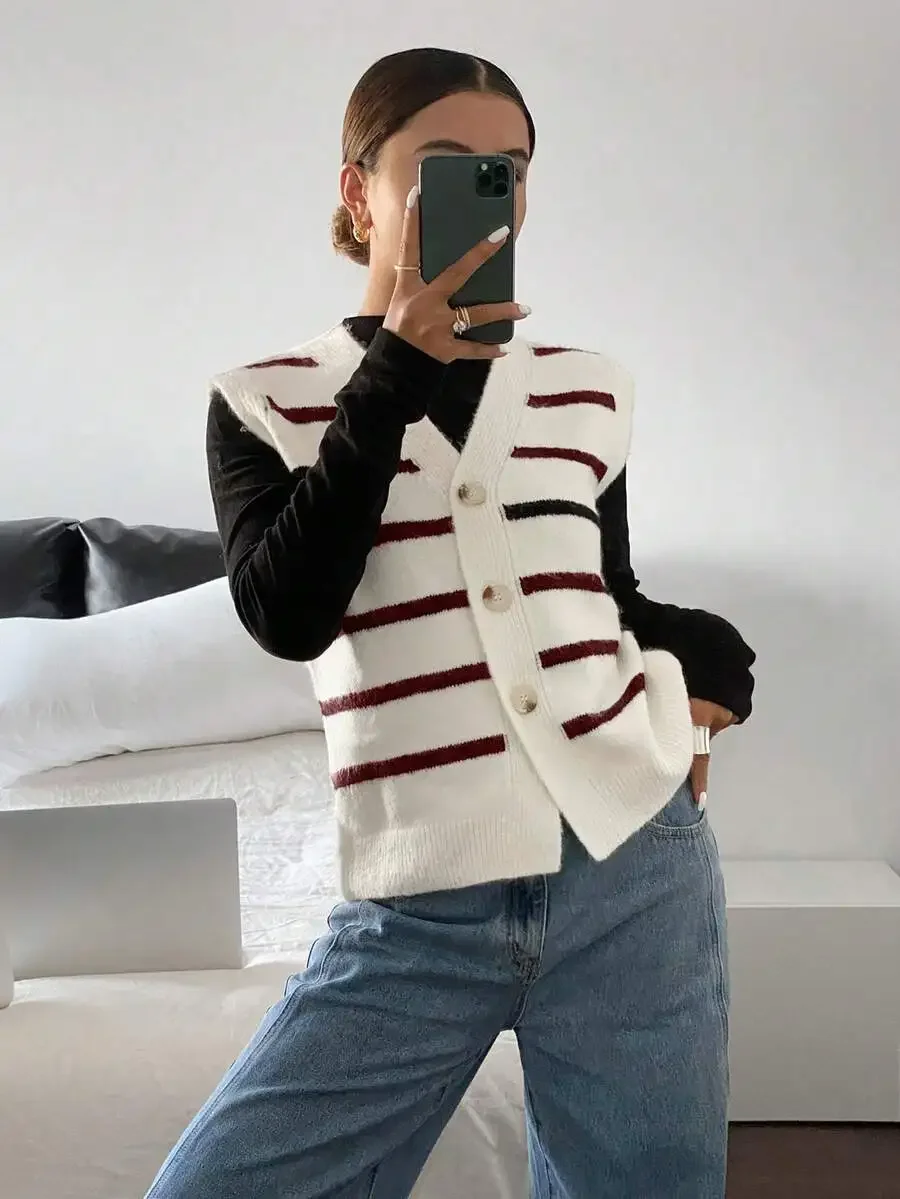 

Women's Sleeveless Striped Knit Vest, V-Neck Button Front, Casual Layering Top