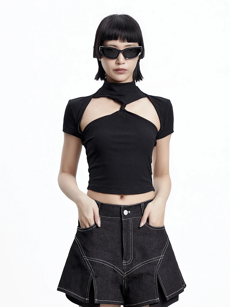 

Bla Knot Hollow out T-irt Women's Summer New Sle Slim Fit ort Versatile Top Tee Cool Sle round Ne ort Sve