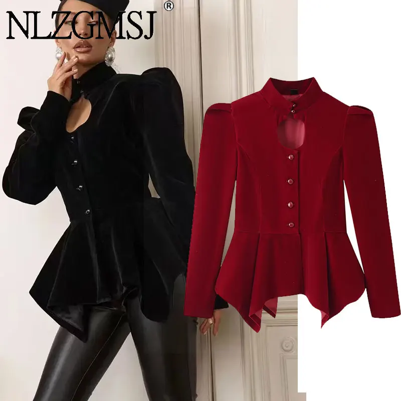 Nlzgmsj 2026 Autumn Women Velvet Peplum Stand Collar Hollow Out Chest Puff Long Sleeve Slim Fit Irregular Hem Lady Elegant Party