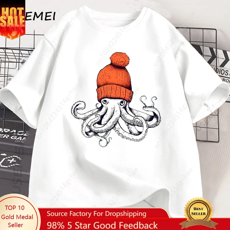 

Octopus Orange Beanie Cotton T-shirt Japanese Style Graphic Tees Casual Cotton Short Sleeve Round Neck Tshirts Unisex Clothes