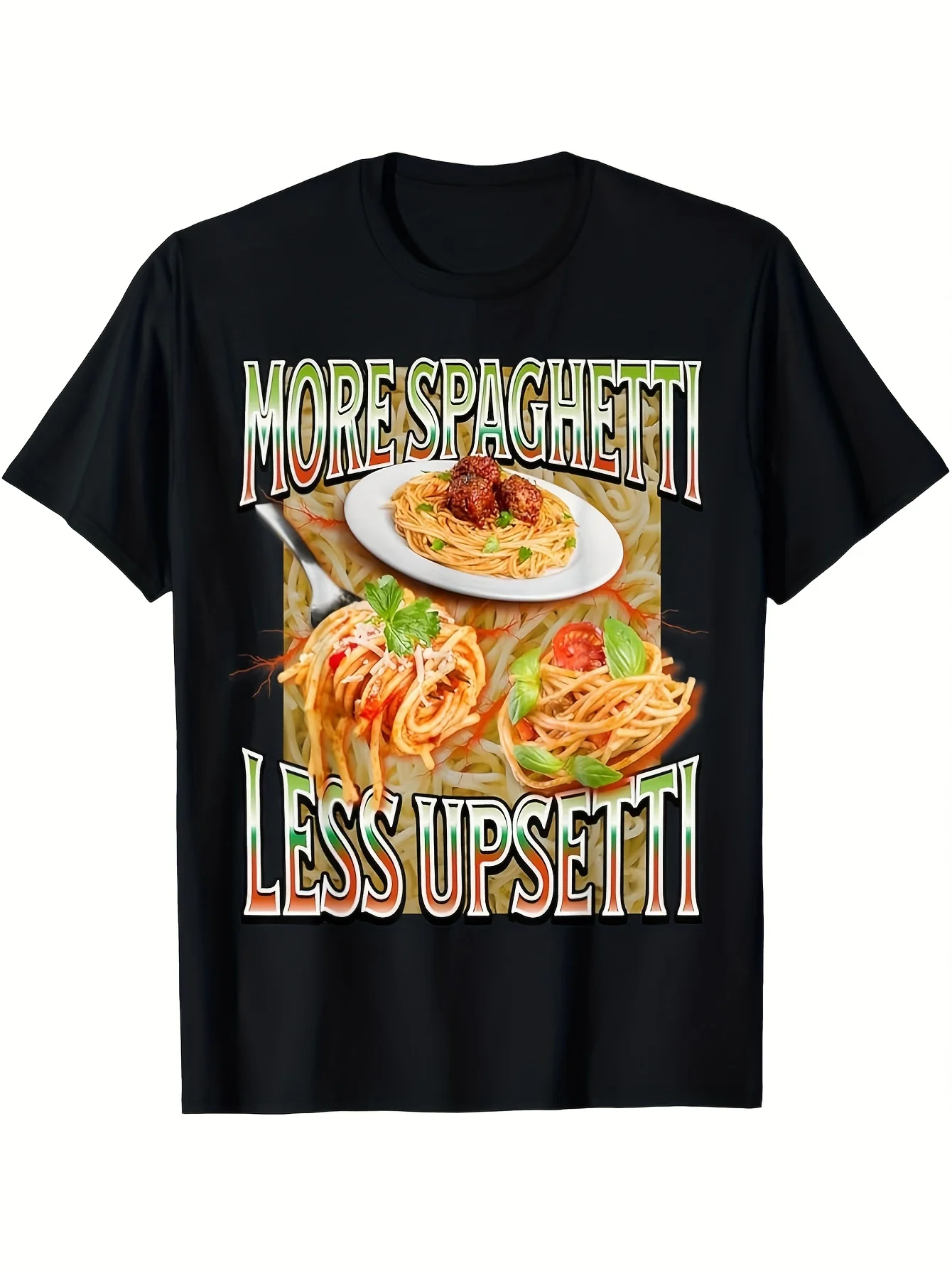 A Fun Single-Piece T-Shirt with Italian Food-Themed Print, Featuring a Creative Slogan That Encourages Eating More Pasta and Less Stress. Made from 180g Heavyweight Pure Cotton with a Round Neck and Short Sleeves, the Fabric Is Soft and Breathable, Perfect for Everyday Casual Wear. a Fun Gift for Pasta Food Lovers. a Unisex Retro Print Top for Men, with a Humorous and Amusing Style. Features a Large, Eye-Catching Print Design, with a Comfortable Fit and Short-Sleeve Style Suitable for Those Who Enjoy Funny Jokes. Designed with a Bold Print, It's Perfect for Those Who Love Funny Sayings. Made Using Digital Heat Transfer Technology, Suitable for Holiday Parties and Birthday Gifts.