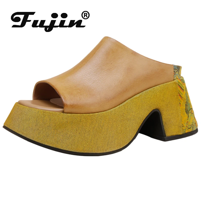 

Fujin 8cm Slipper ROME Platform Wedge High Heels Summer Shoes Women Peep Toe Cow Genuine Leather Moccasins Embroider Mary Jane