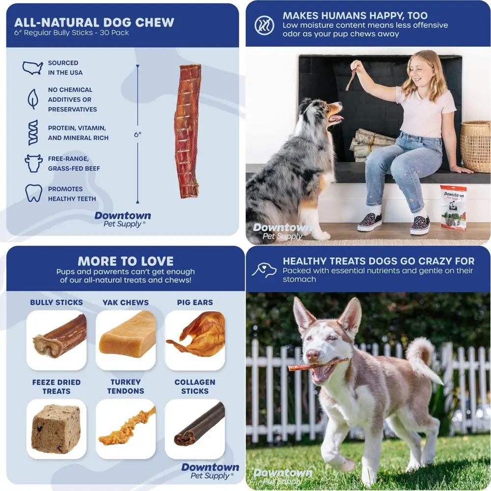 

Grass-Fed Beef Bully Sticks: 30-Pack 6 Chews for Dogs - Healthy, Low-Odor, Rawhide-Free