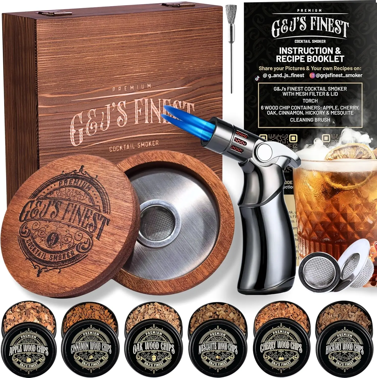 

Whiskey Smoker Kit with QuadTorch, 6 Wood Chips & Wood Box for Smoking Drinks - Cocktail Smoker Gift for Bourbon Lovers