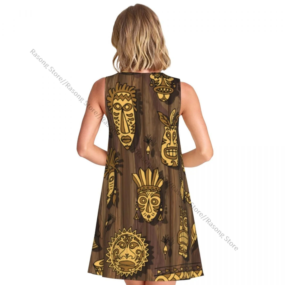 Women's Dress Tribal Mask Set Background Summer Casual T Shirt Beach Cover up Tank Dress
