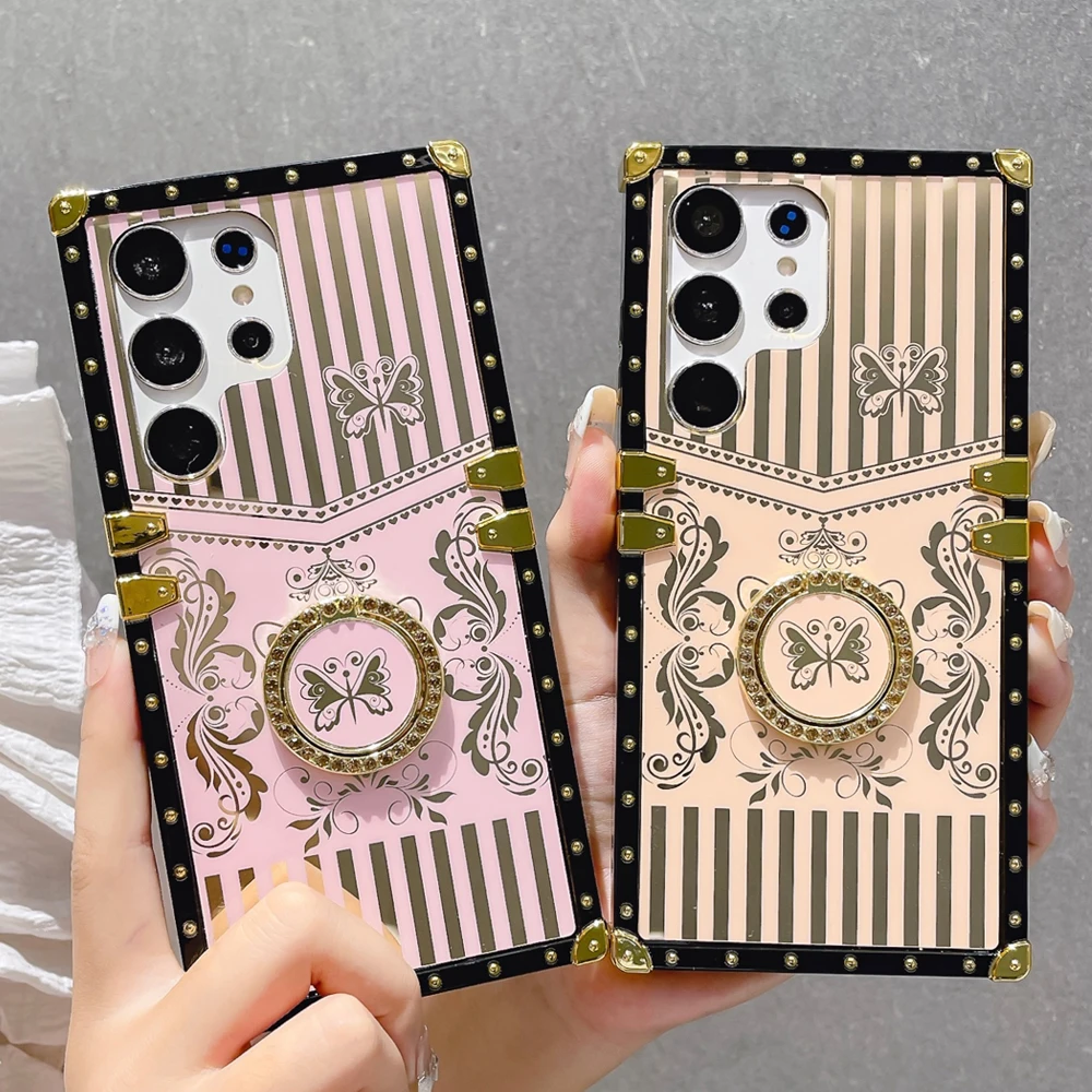 

Luxury Glitter Stripe Retro Pattern Butterfly Phone Case for Samsung Galaxy S25 Ultra S24 Ultra S24 FE S23 S22 S21 Women's Cover
