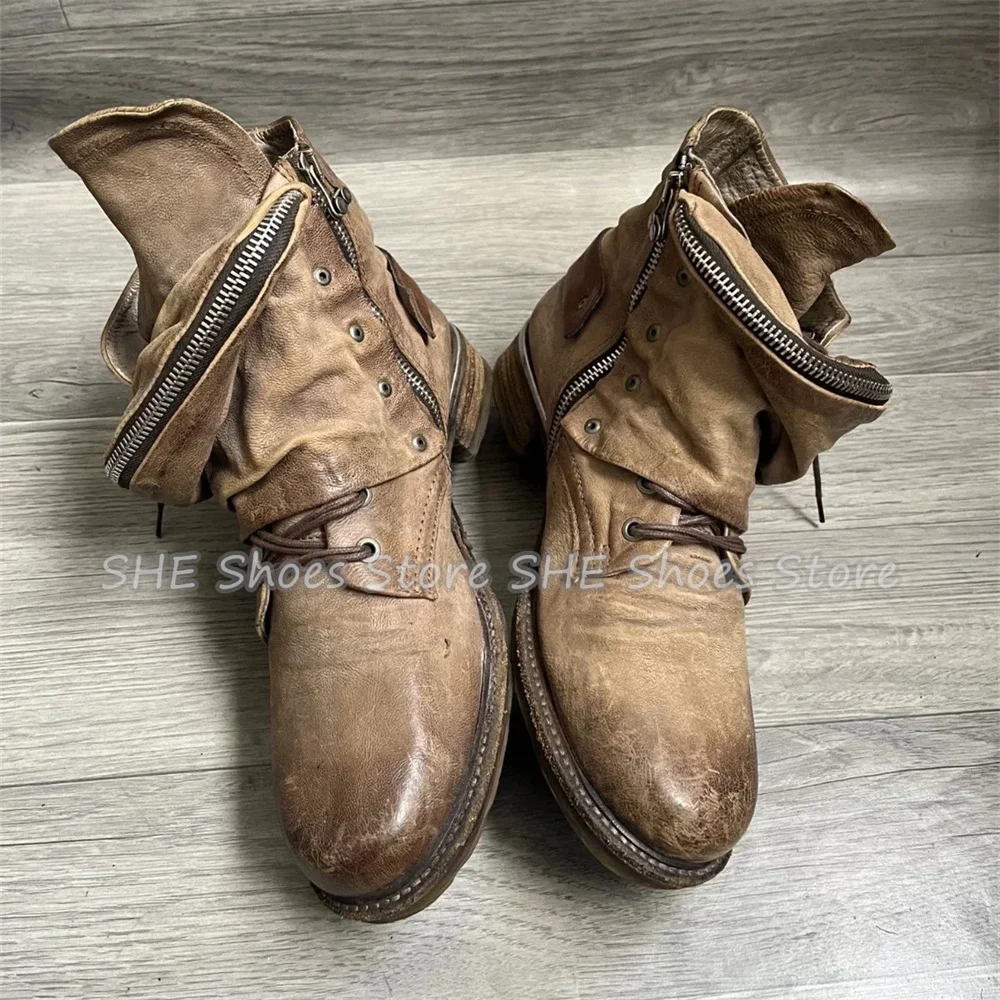 Vintage Distressed Design Pu Leather Ankle Boots Male Sewing Decor Fold Over Side Zipper Short Boots Outside Motorcycle Boots