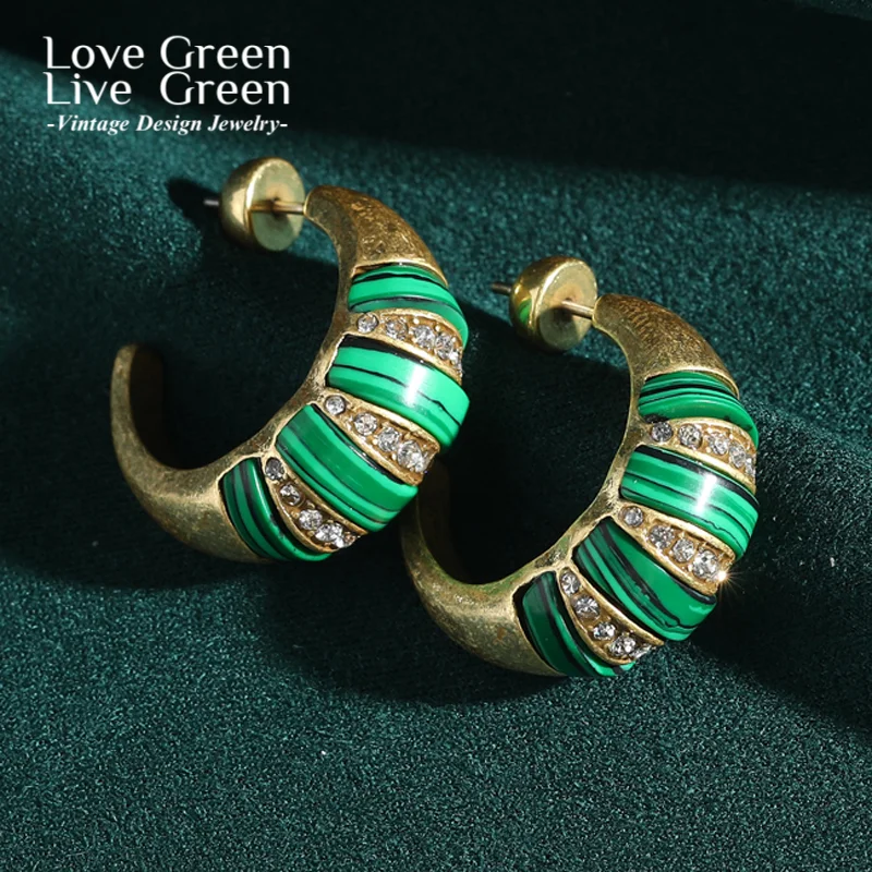 

Vintage Malachite Green Natural Stone Earring Stud Gold Color Rhinestone C Type Elegant Jewelry Designer Luxury For Woman Party