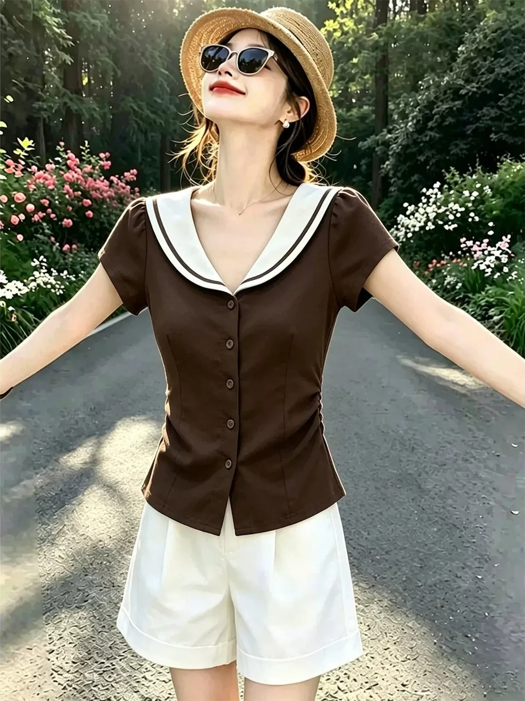 High-End Short-Sleeve Naval Collar Color Block Women's Shirt Korean Style Commute Fashion Breathable Polyester Fiber Summer Top