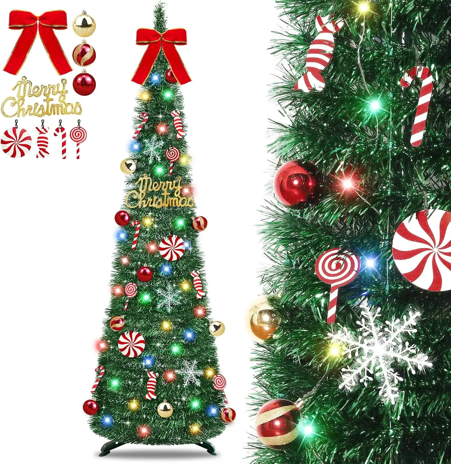 

6 Ft Green Collapsible Christmas Tree with 50 Lights, 16 Candy, 10 Balls, 4 Snowflakes & Bow - Battery Operated Indoor Xmas Deco