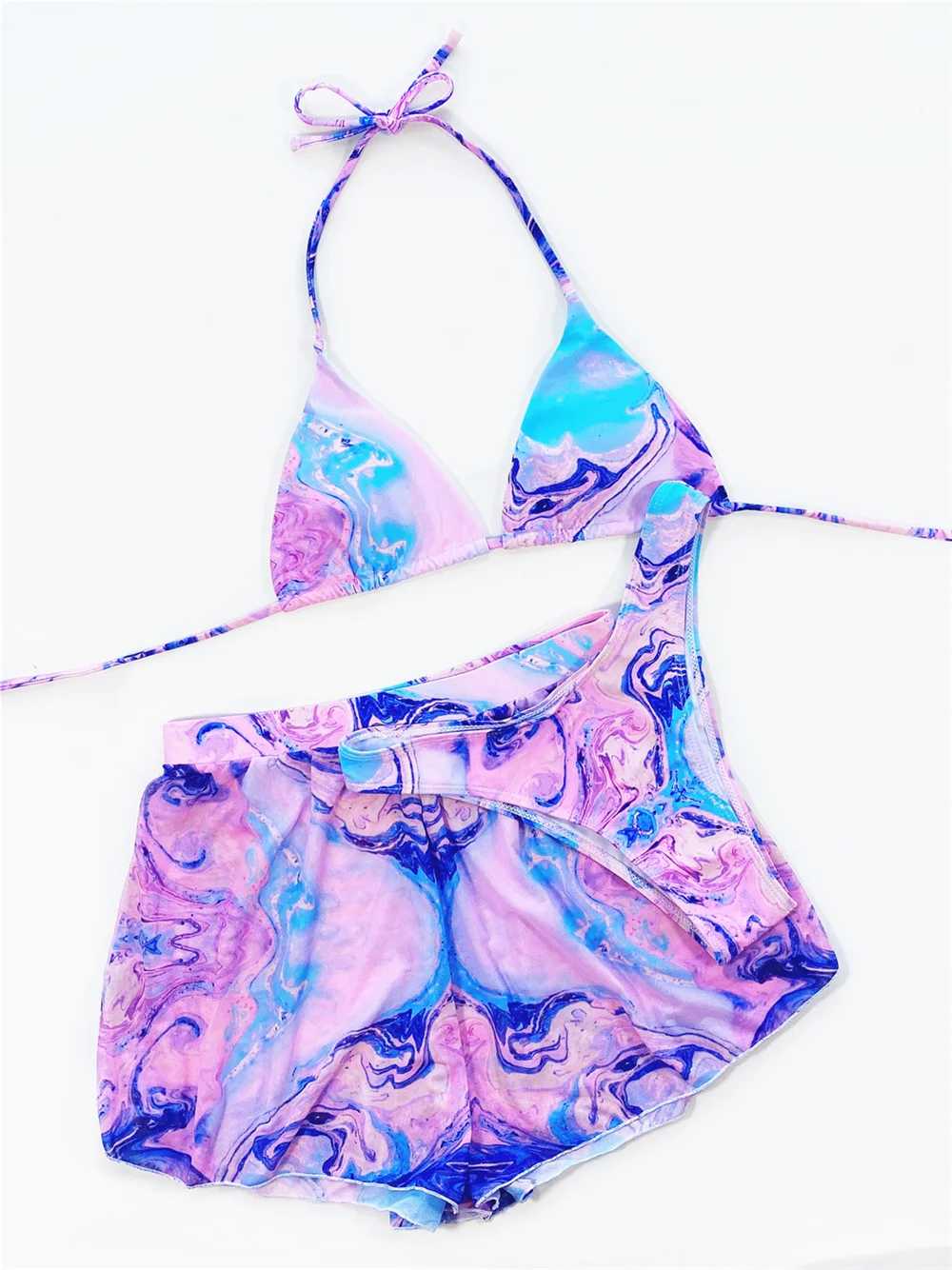 Tie Dye Print Bikini Swimsuit Mesh Shorts Bikinis Sets Triangle String Extreme Backless Swimwear Women Bathing Suit Beach Outfit