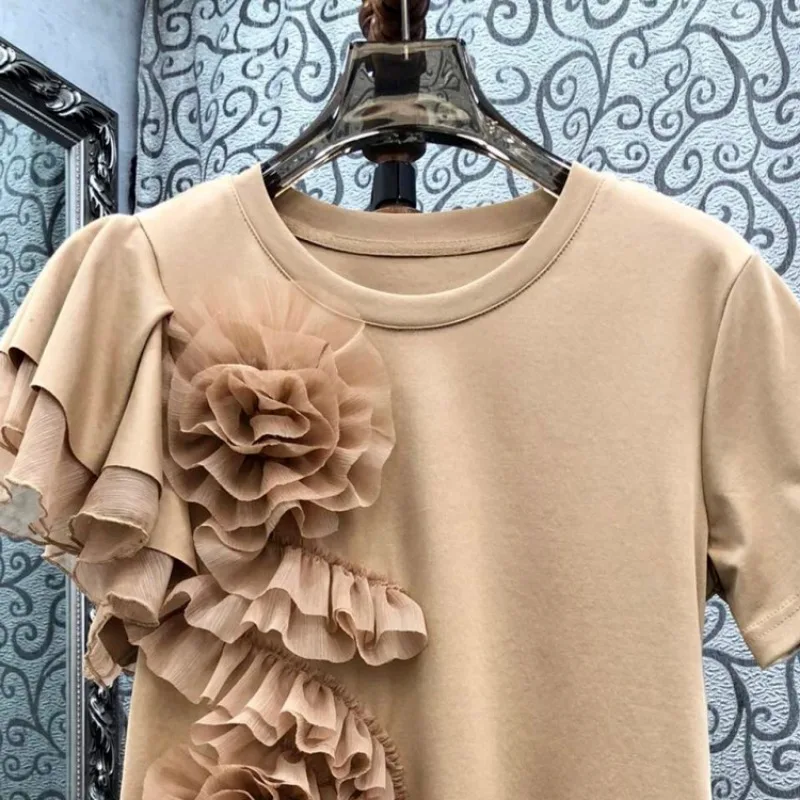 OCEANLOVE Spring Summer T Shirt for Women Ruffles Solid 3D Flower Vintage Ropa De Mujer Korean Fashion Asymmetrical Tees