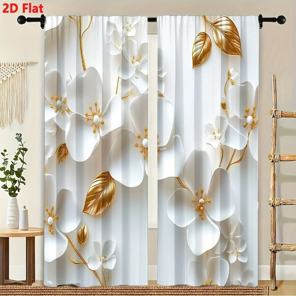 

2Pcs Curtains White Flowers Dots Pearls Golden Stems Window Drapes for Bedroom Living Room Decoration Window Treatment.