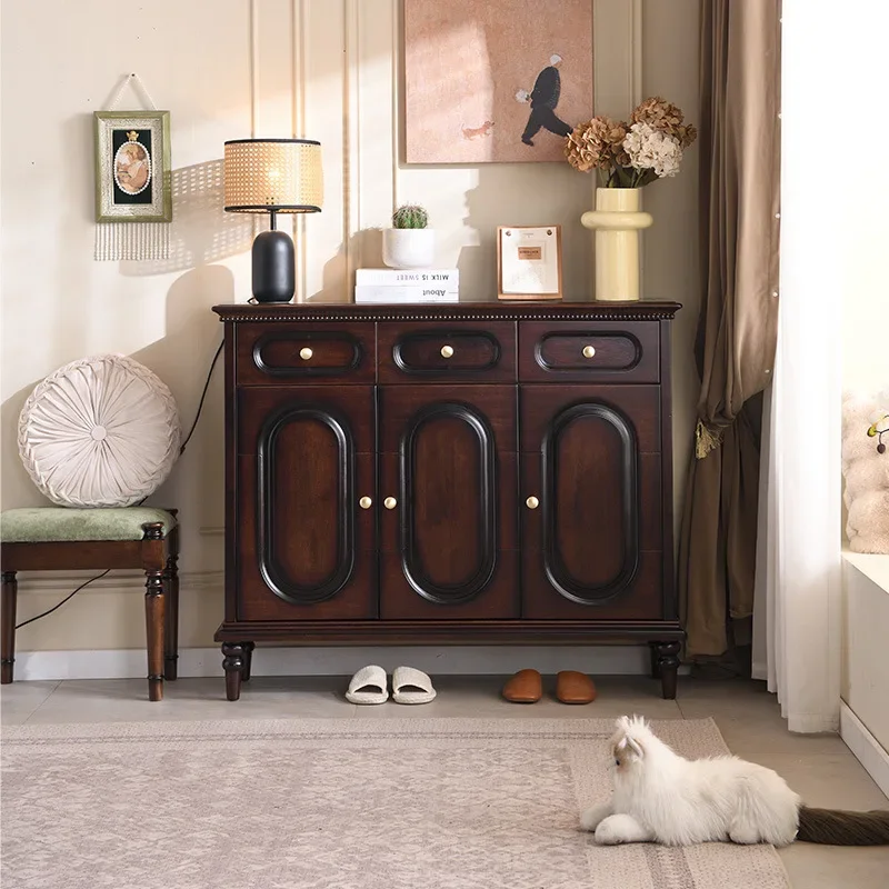 Shoe Cabinet Home Door Retro Style Entrance Cabinet Solid Wood Large Capacity Locker