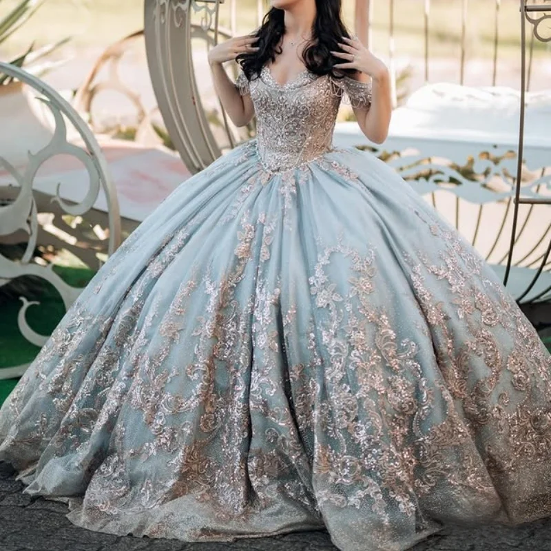 

Customized Grayish green Quinceanera Dresses Off the Shoulder Golden applique Lace Long tail Vestido 15 Quinceanera