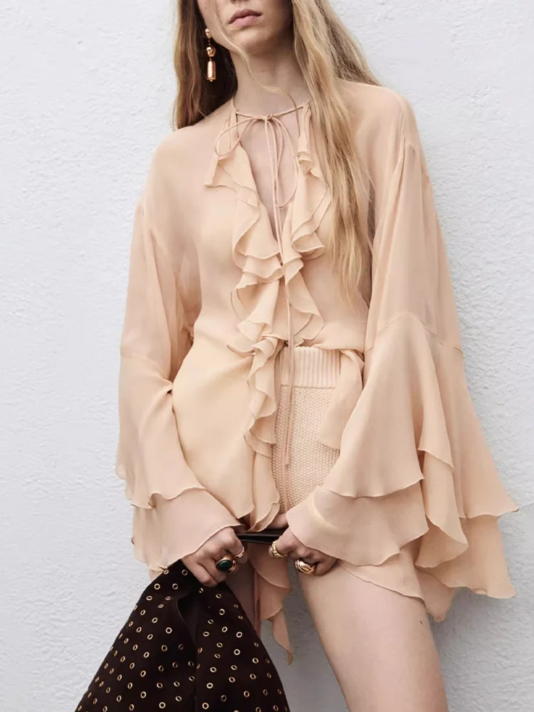 

European and American autumn new women's casual temperament simple temperament low collar tie ruffle trumpet sleeve shirt