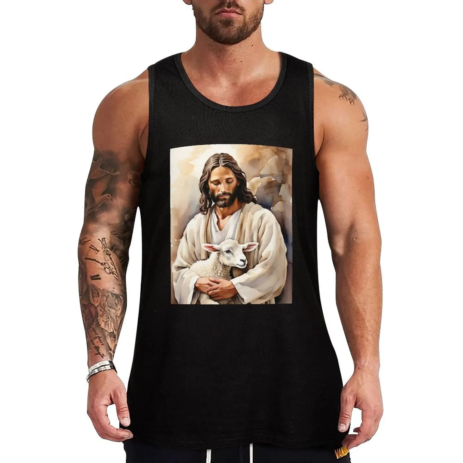 Christian Art: A Timeless Canvas Wall Art of Jesus and Lamb Tank Top mens gym clothes gym accessories men men clothes