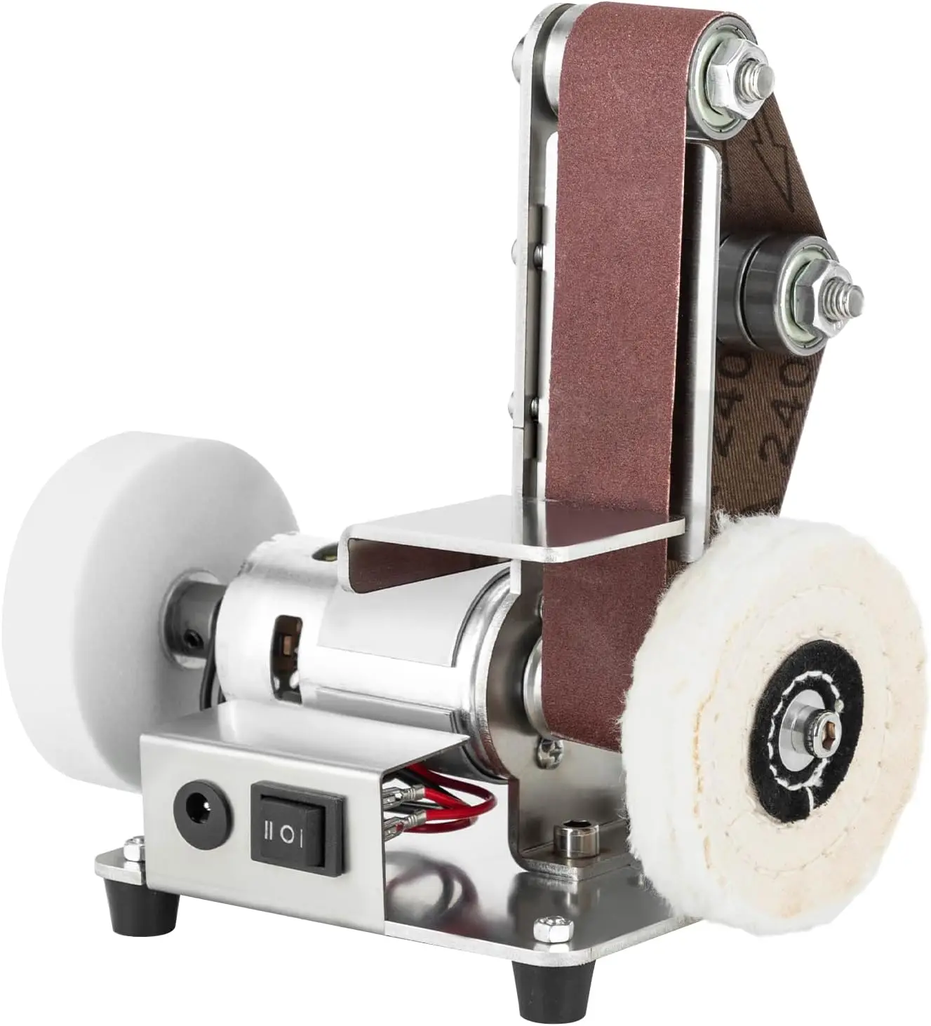 

Mini Belt Sander, Table Top Electric Bench Grinder Sanding Machine with Aluminum Grinding Wheel & Woolen Buffing Wheel