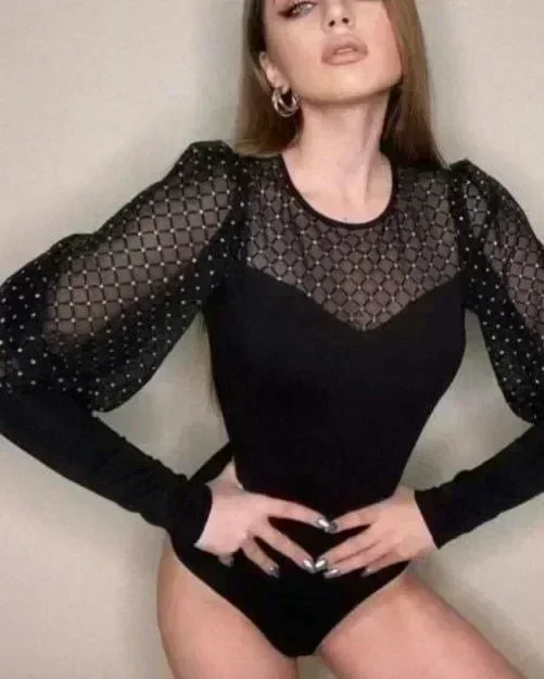 Body negro de manga larga con cuello redondo para mujer, traje Sexy de gasa de malla, Bodycon para fiesta y Club, mono de cintura alta