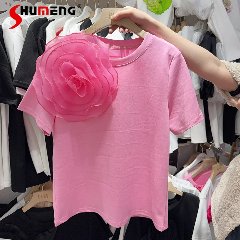 

Summer New High-Grade Loose Leisure All-Matching Heavy Industry Three-Dimensional Flower O-Neck Short-Sleeve T-shirt Women's Top