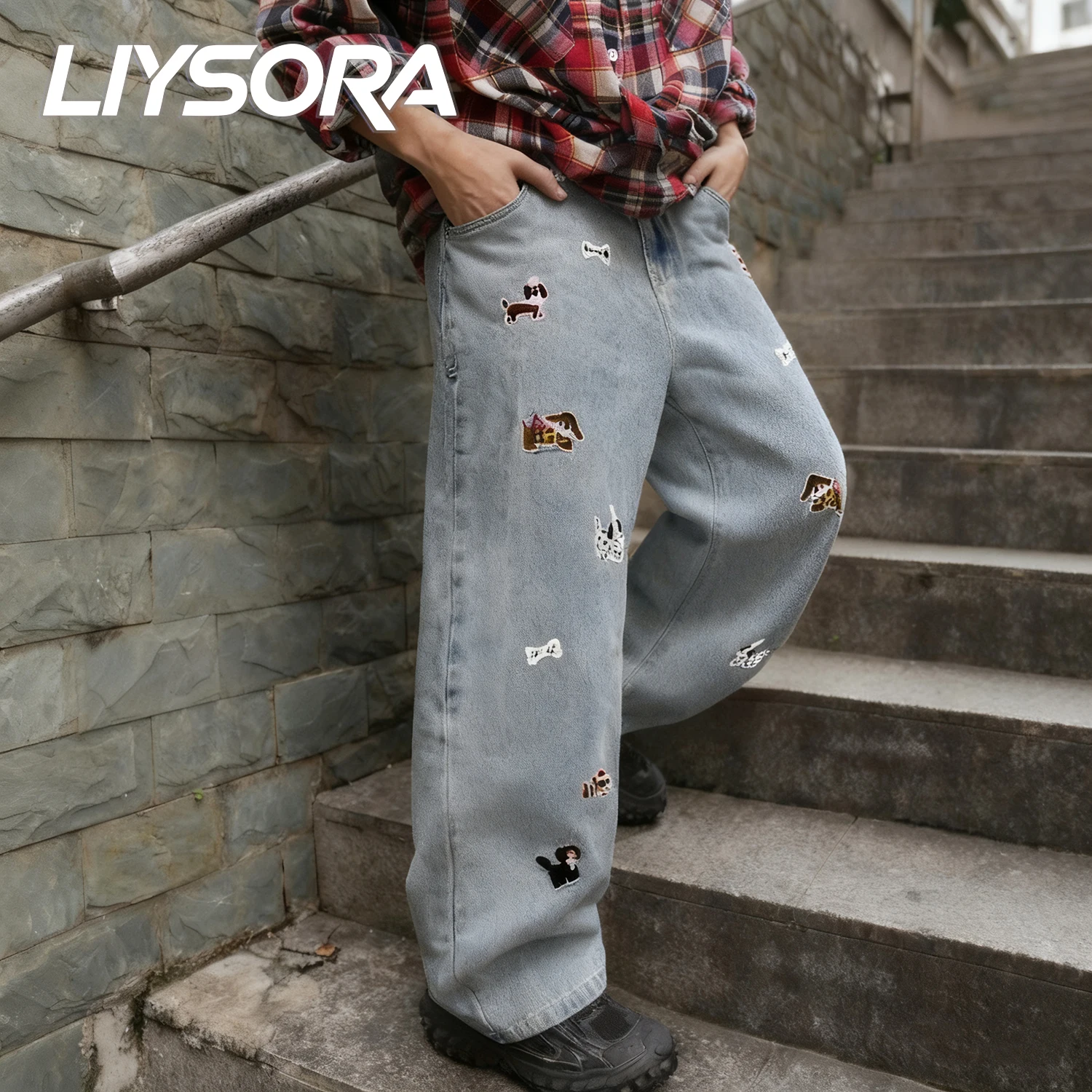 Ropa Y2K para hombre, pantalones vaqueros de pierna ancha informales holgados azules de Corea, pantalones vaqueros de pierna recta con perro de dibujos animados bordados Unisex para uso diario en la calle