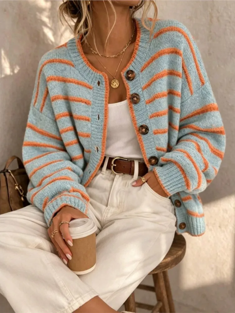 MsChuh Autumn Women's Clothing Cardigans Sweater Contrast Striped All-match Loose Simple Style Comfortable Temperament Casual