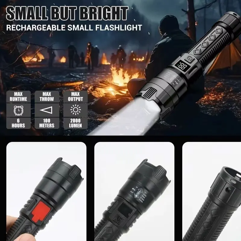 High Strong Power Led Flashlights 2000LM Tactical Torch with Display Light USB Charging Camping Fishing Emergency Zoom Lantern view 2