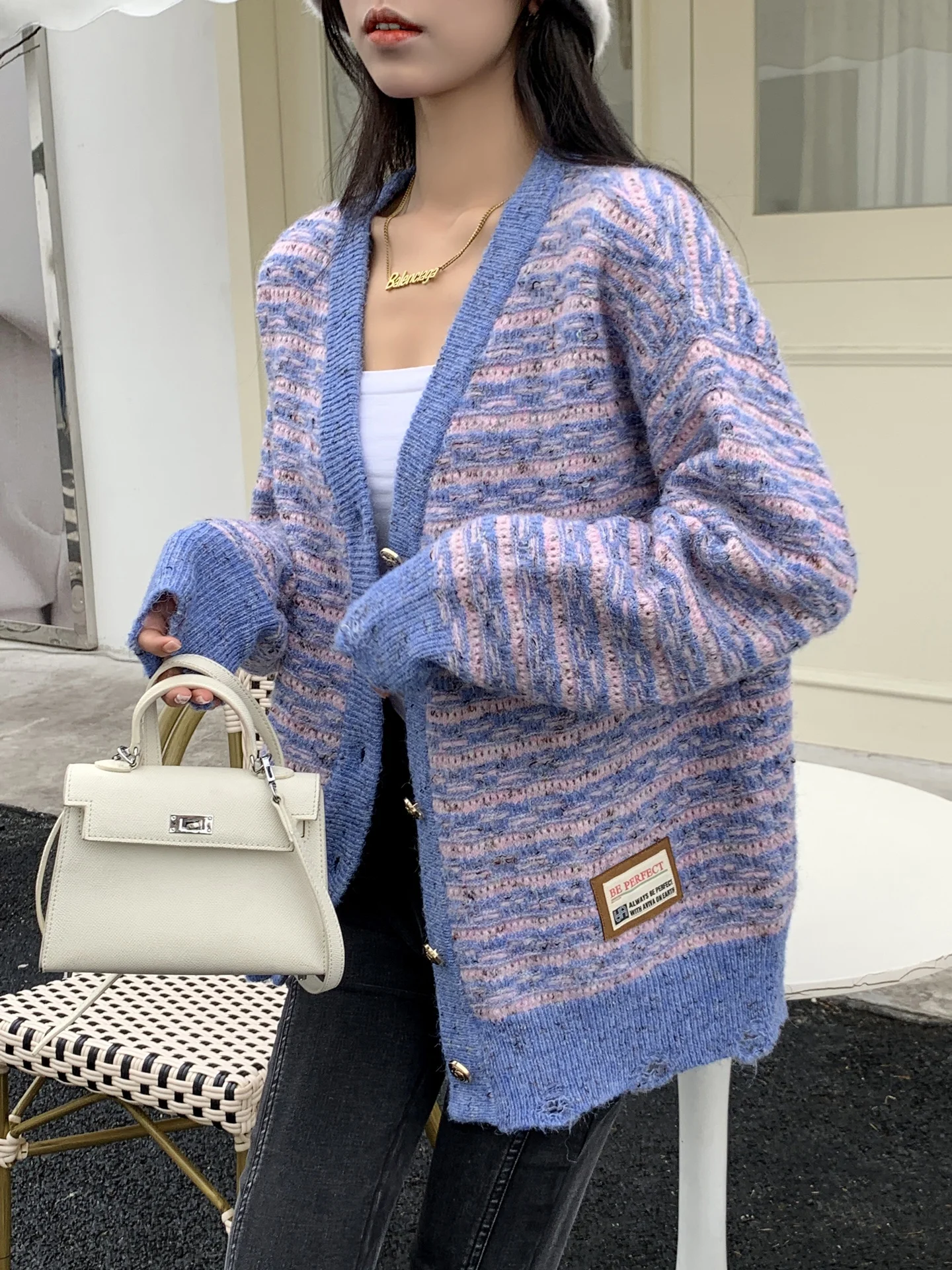 

Earth Store Purple Vintage Wool Knitted Open Cardigan Women's Loose Sweater Outerwear Spring Lazy Sle Soft Wool Blend