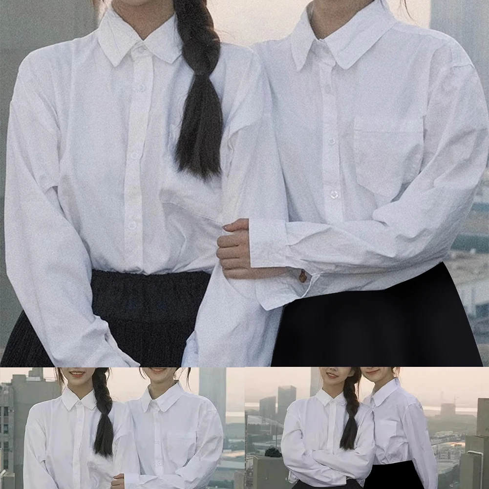 새로운 학생 블라우스 JK 유니폼 S-3XL 단색 흰색 1개 라펠 긴팔 비신축성 폴리에스터 여학생