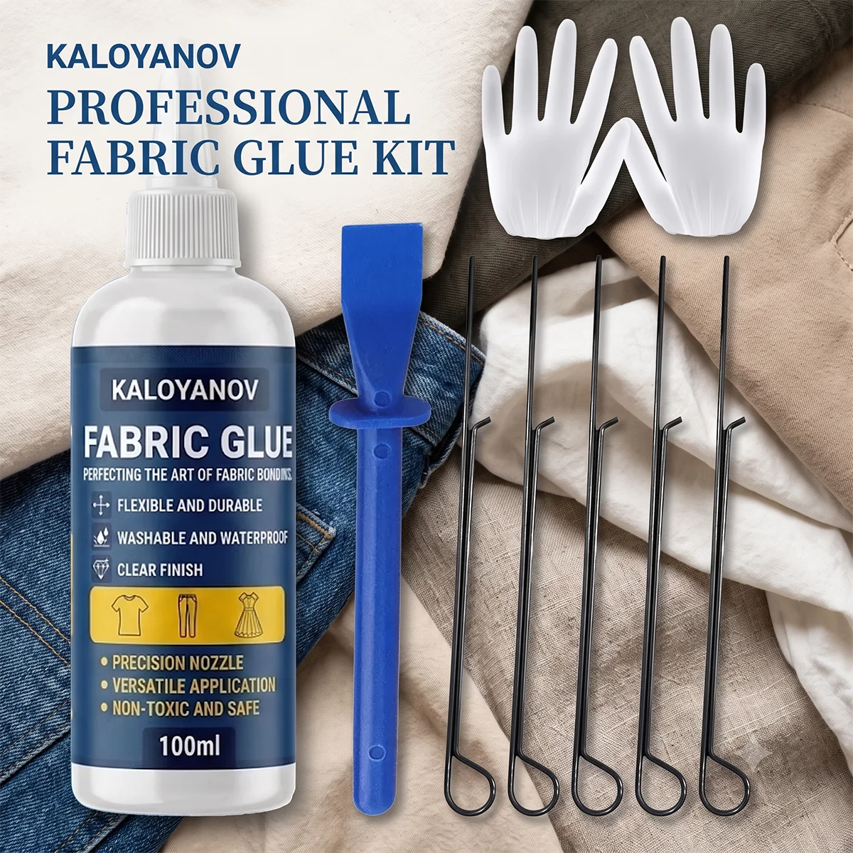 KALOYANOV Permanent Fabric Glue Kit No Sew Washable Clear Clothing Repair Adhesive with Accessories for Denim Canvas DIY Crafts